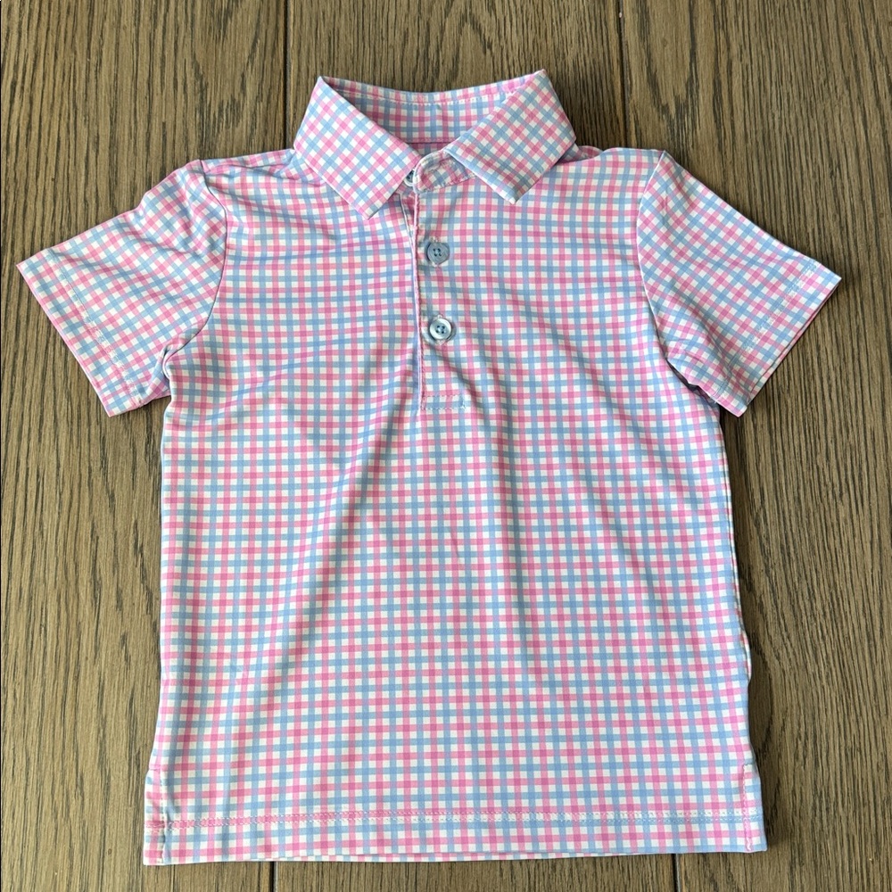 **WORN ONCE** Poppy Kids Co Boys Pink & Blue Check Polo